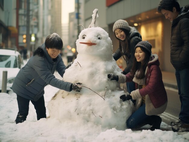 Gente asiatica in vestiti caldi sciarpe e cappelli che fanno pupazzo di neve insieme in inverno