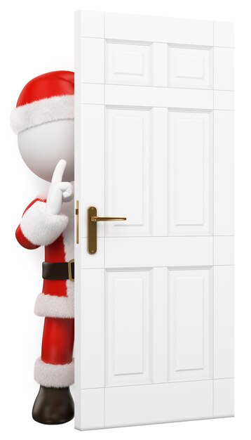 Gente bianca 3D. Babbo Natale nascosto dietro una porta che si chiude