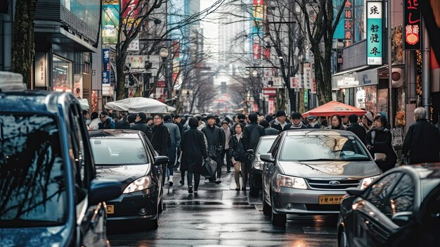 Gente che cammina lungo una strada trafficata della città sotto la pioggia