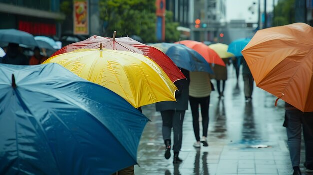 Gente che cammina sotto la pioggia con ombrelli colorati