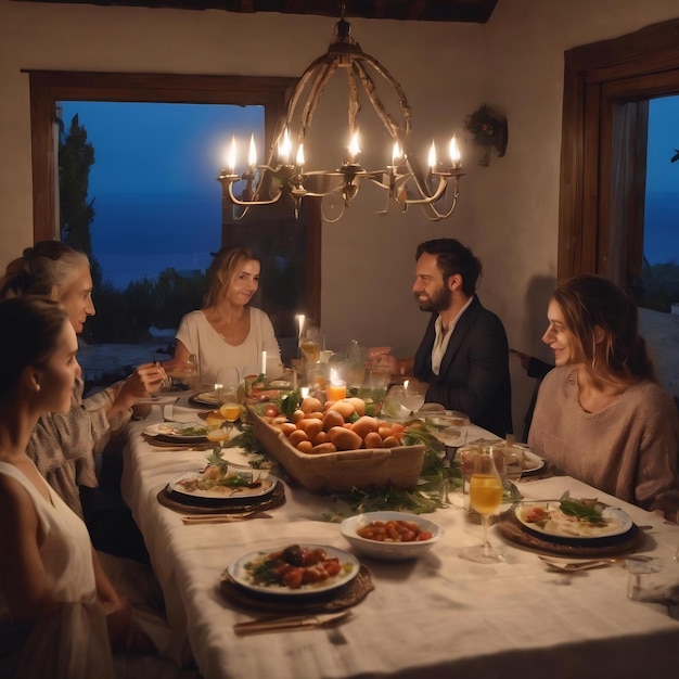 Gente che cena a casa per festeggiare la Pasqua greca