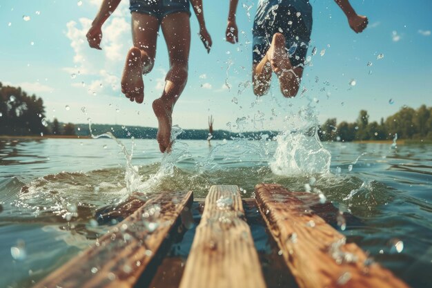 Gente che si diverte a saltare in un lago da un molo di legno durante l'estate