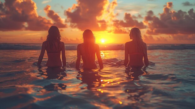 Gente che si diverte alla spiaggia al tramonto