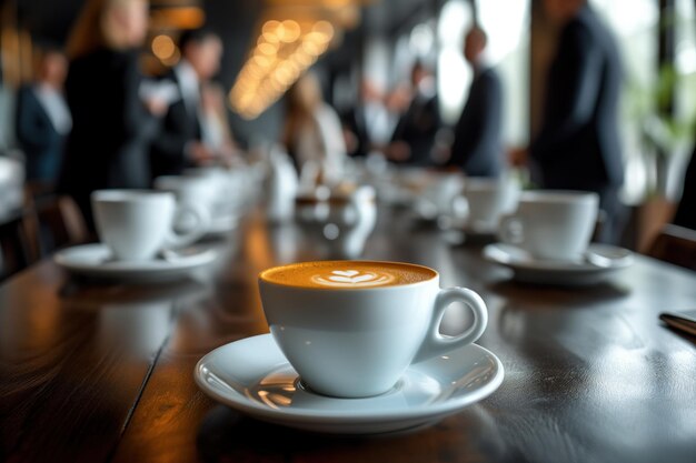 Gente d'affari in piedi attorno a un tavolo con il caffè