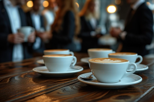 Gente d'affari in piedi attorno a un tavolo con il caffè