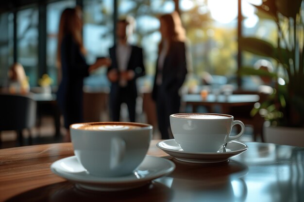 Gente d'affari in piedi attorno a un tavolo con il caffè