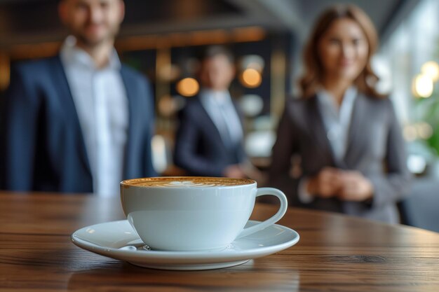 Gente d'affari in piedi attorno a un tavolo con il caffè