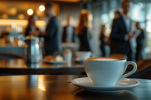 Gente d'affari in piedi attorno a un tavolo con il caffè