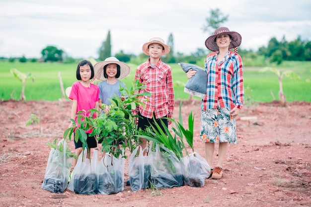 Gente di famiglia felice che tiene la semina dell'albero per piantare in giardino su un campo di riso verde biologico