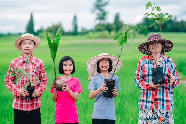 Gente di famiglia felice che tiene la semina dell'albero per piantare in giardino su un campo di riso verde biologico