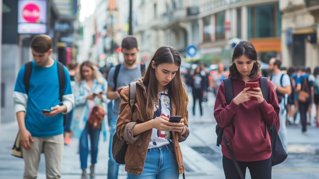 Gente di strada europea occupata con i telefoni I pedoni di una strada trafficata si concentrano sui loro telefoni con la vita della città sfocata sullo sfondo