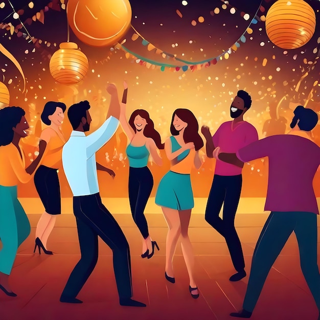 Gente entusiasta festeggia con danze e risate per accogliere la celebrazione del Capodanno generata dall'AI