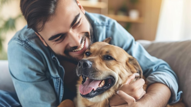 Gente felice a casa con l'animale domestico preferito amore e amicizia pragma