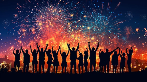 Gente felice che celebra il nuovo anno fuochi d'artificio sullo sfondo Generative Ai