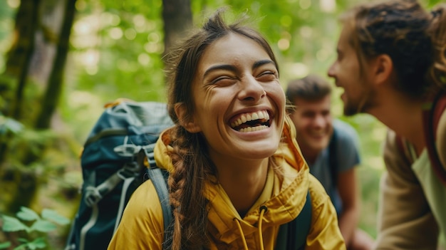 Gente felice che fa escursioni nel paesaggio naturale ridendo e sorridendo