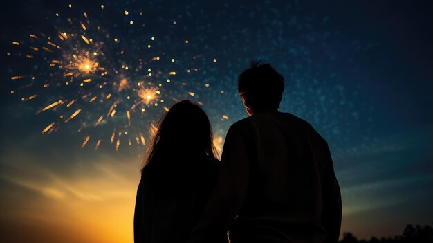 Gente felice che guarda verso il cielo con i fuochi d'artificio nella notte del nuovo anno 2024 festeggia la festa del nuovo anno 2024.