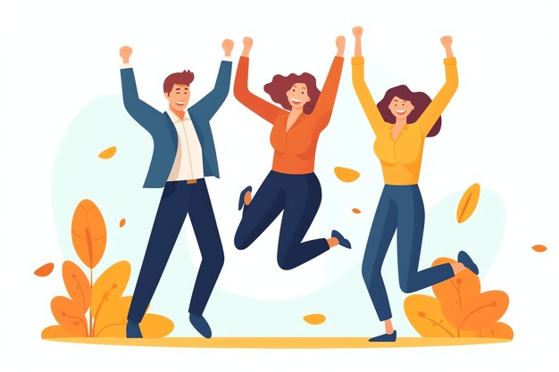 Gente felice che salta e si rallegra celebrando la vittoria Riuscendo a vincere e felice in un cartone animato piatto