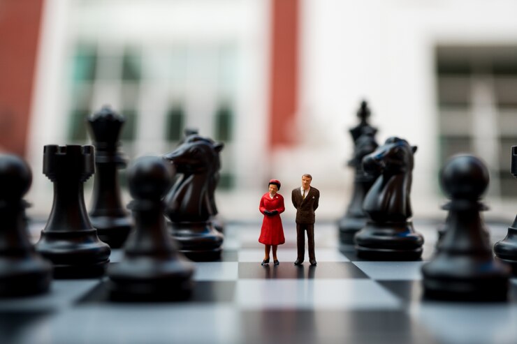Gente miniatura, marito e moglie che stanno sul fondo della scacchiera facendo uso come concetto di affari
