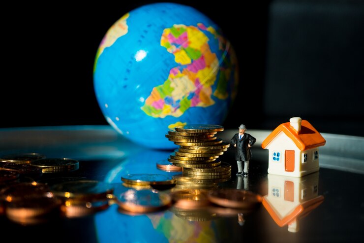 Gente miniatura, uomo anziano che sta con le monete della pila e mini casa sul mini fondo di terra usando come