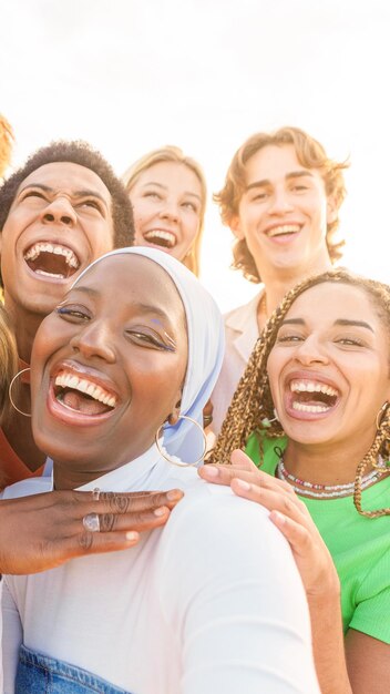 Gente multietnica folle sorridente che si fa un selfie al tramonto.