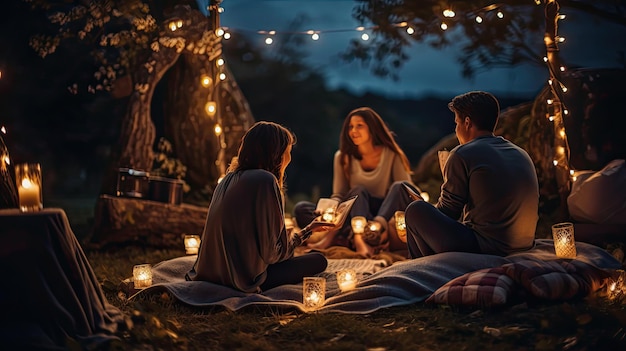 Gente riunita a tavola con le candele per una riunione serale