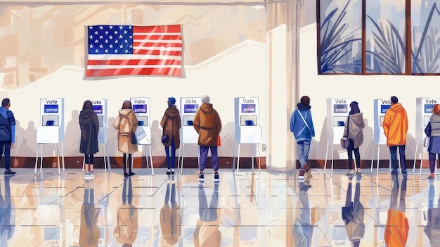 Gente società americani pronti a votare con una cabina elettorale sfocata in primo piano