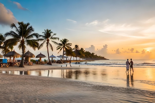 gente sulla spiaggia sabbiosa con palme di cocco in Playa del Carmen Yucatan in Messico