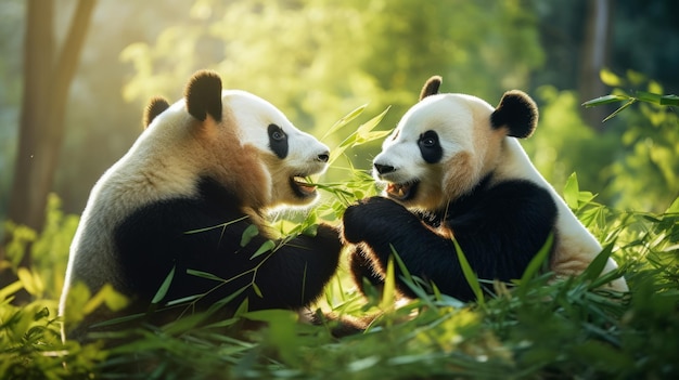 Gentili panda giganti che masticano il bambù