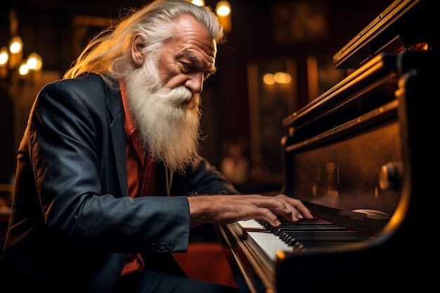 Gentiluomo anziano che crea una bellissima melodia al pianoforte a coda Ai generativo