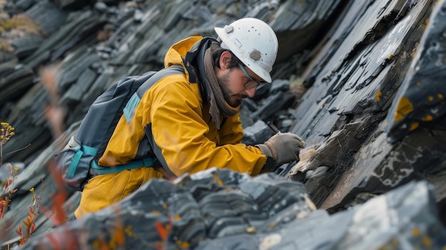 Geologo che esamina formazioni rocciose in una zona remota