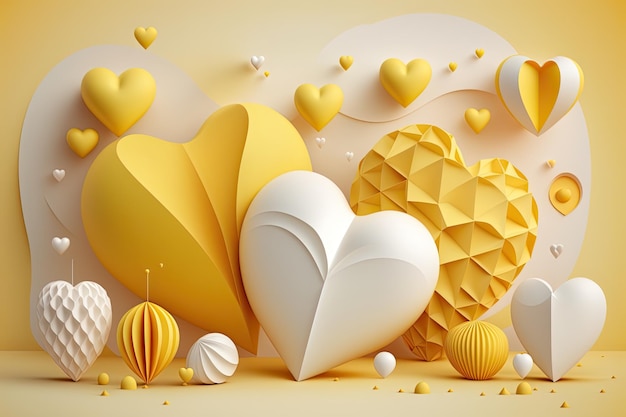 Geometria 3d bella illustrazione di San Valentino giallo e bianco