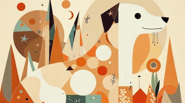 Geometric Dog in a Whimsical Retro Landscape
