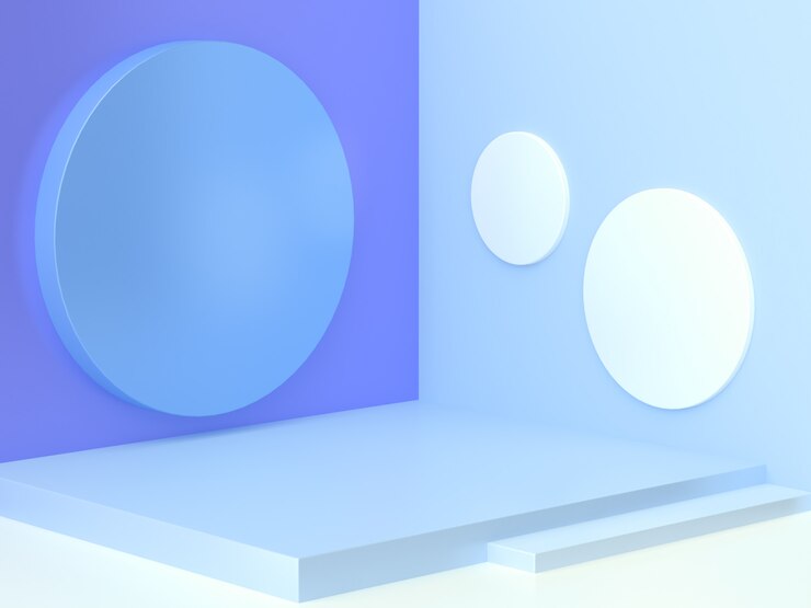 geometric shape blue wall corner white floor abstract minimal scene cylinder staircase blank podium