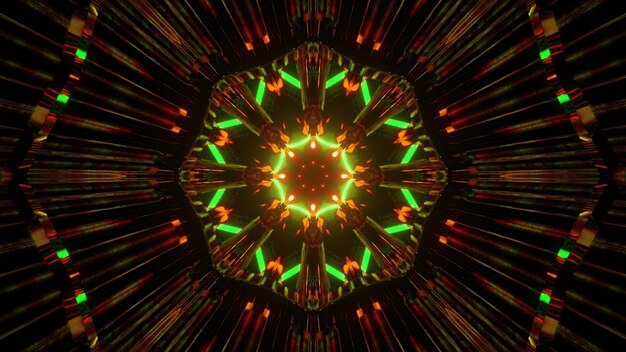 Geometrica caleidoscopica 3d illustrazione di illuminare mandala sferica pattern di colori verdi e marroni su sfondo nero