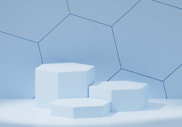 Geometrico blu astratto esagonale, podio per prodotti, mostre, cosmetici, rendering 3d