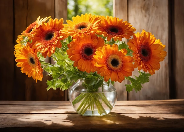 Gerberas in un vaso su un tavolo di legno