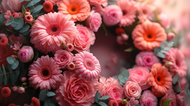 gerberas rose arrangiamento di fiori eucalipto foglie sullo sfondo valentine giorno della madre spazio di copia
