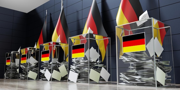 Germania diverse urne e bandiere che votano il concetto elettorale 3D'illustrazione