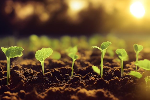 Germogli che crescono in letti Alberelli verdi in fiore nel terreno Concetto di orticoltura agricoltura e prodotti biologici IA generativa