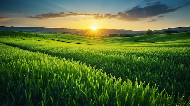 germogli verdi di grano o segale sul terreno collinare al tramonto