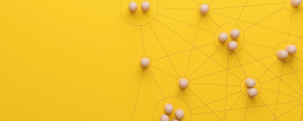 Gestione delle risorse umane e attività di reclutamento Connessione alla rete sociale Comunicazione della società di gruppo Persone in legno con struttura su sfondo giallo rendering 3d