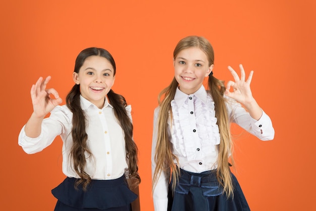 Gestire bene. Ritorno a scuola in stile moda. Ragazze alla moda in trecce vestite per la scuola. Bambine che indossano l'uniforme scolastica alla moda. Bambini in età scolare con uno sguardo alla moda. Studentesse carine.