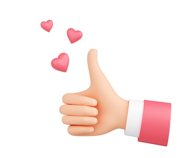 Gesto pollice in alto con cuori volanti 3D render come o concetto di feedback positivo