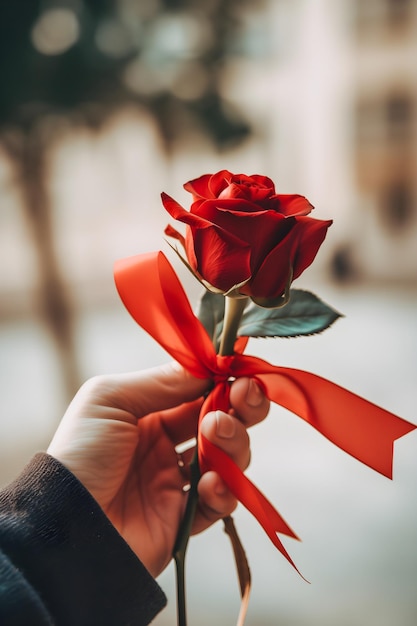 Gesto romantico Mani tenere che afferrano una nota d'amore rosa rossa fissata con nastro rosso