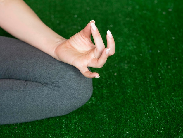 Gesturing zen della mano femminile del primo piano