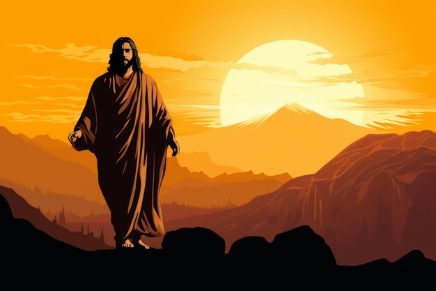 Gesù cammina al tramonto con le montagne sullo sfondo