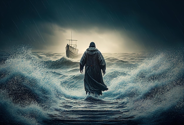 Gesù cammina sull'acqua attraverso il mare verso una barca illustrazione Ai generativa
