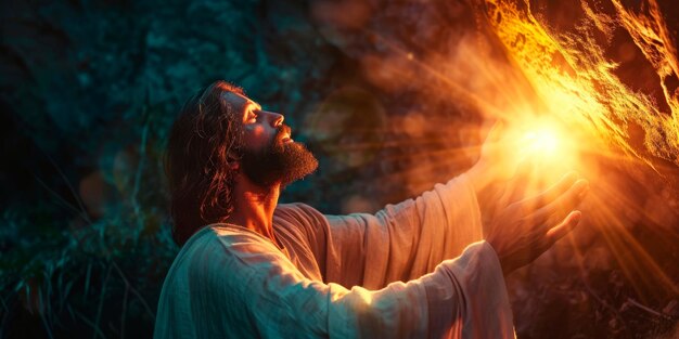 Gesù come luce guida che raggiunge l'umanità con compassione e salvezza in modo simbolico e d'impatto