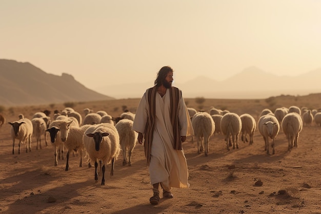 Gesù come pastore che guida un gregge di pecore Illustrazione dell'IA generativa