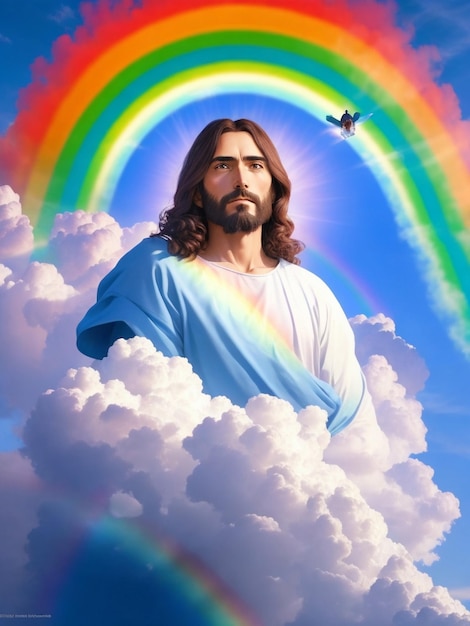 Gesù con Fantasy paesaggio magico l'arcobaleno nel cielo